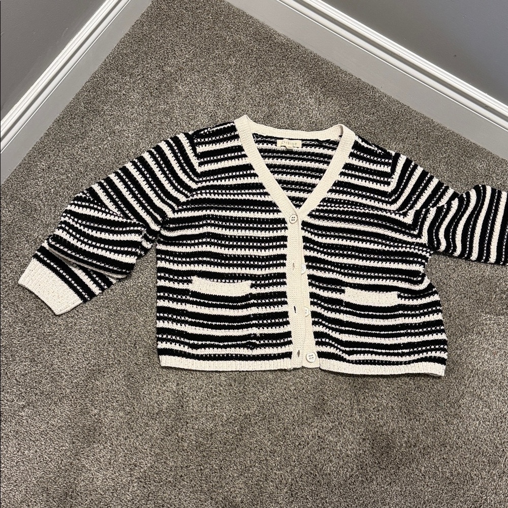 Elegant Black and White with gold metallic thread Striped Women's Cardigan